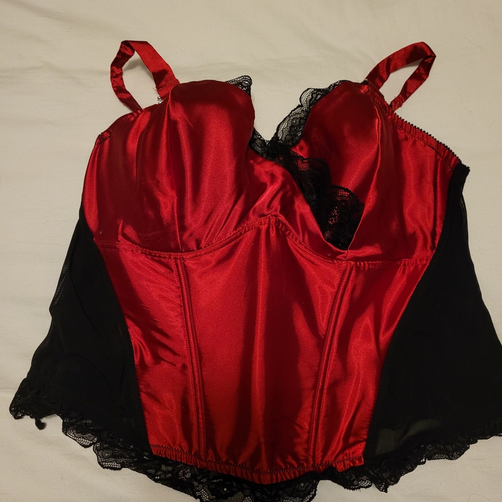 Cacique Red Satin and Black Lace Bustier